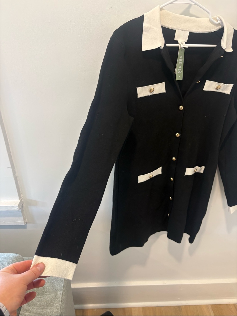 H&M Black Knit Cardigan Dress with White Collar and Gold Buttons - Picture 3 of 4